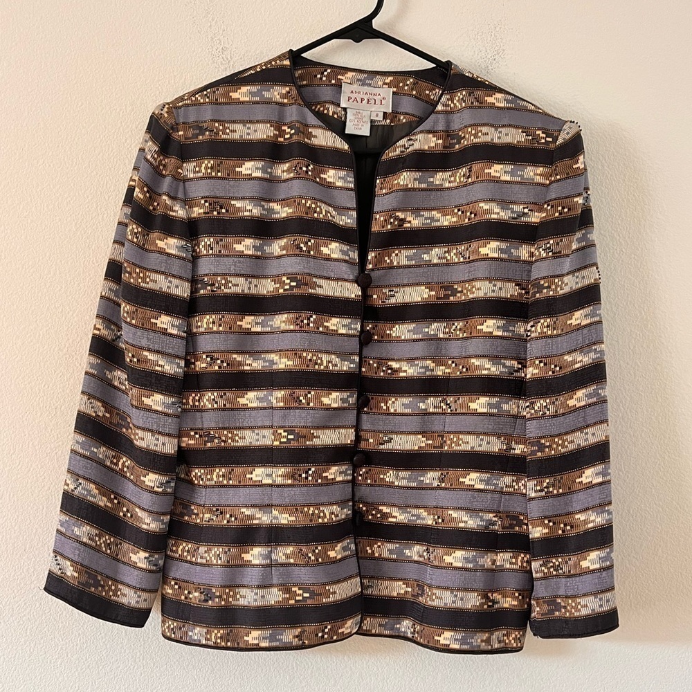 Adrianna Papell 100% Silk Grey Brown Cream Striped Beaded Formal Jacket Size 8